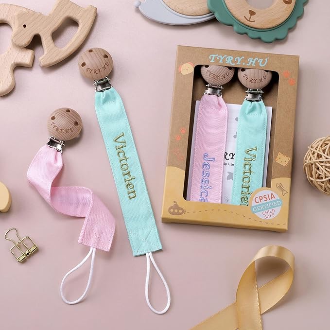 TYRY.HU Personalized Pacifier Clip with Name, Embroidery Ribbon Pacifier Holder for Baby Girls and Boys, Neutral Pacifier Leash Universally Fit All Pacifiers & Baby Toys, 2 Pack Baby Gift(Pink, Green)