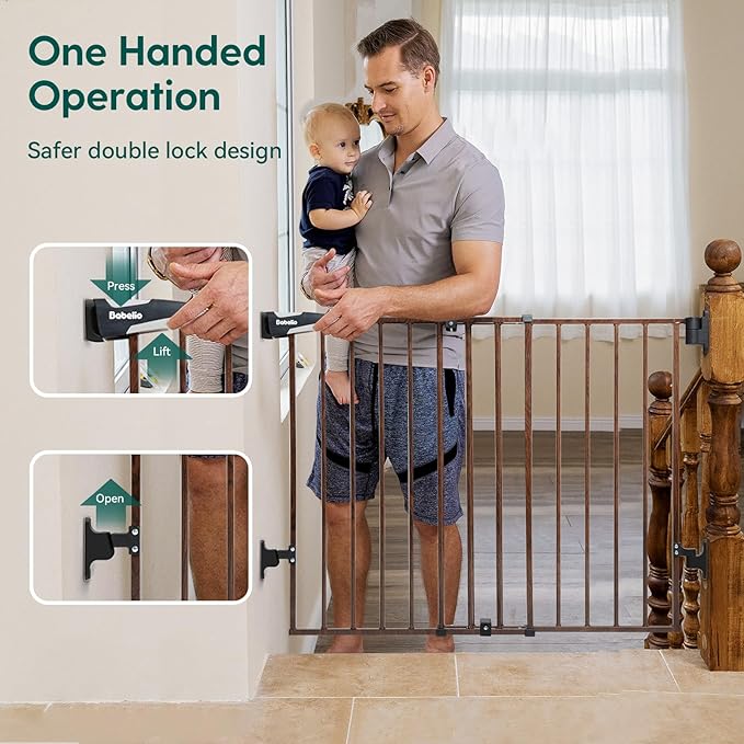 Babelio Baby Gate for Stairs & Doorways, 26-43" W 28" H No Bottom Bar| Easy Installation| One-Handed Operation| Auto-Close| Hardware Mount (Drill Needed) Safety Dog/Pet Gate (Black Wood Pattern)