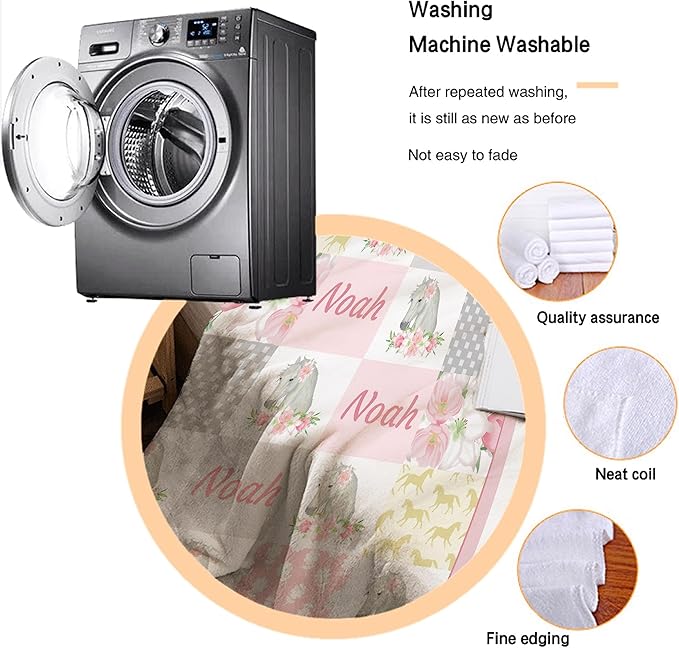 Personalized Custom Baby Blanket with Name - Swaddle Blanket for Toddlers, Infants, Kids, Newborns - Nursery Stroller Crib Decor Throw - Horse Theme - Birthday Gift