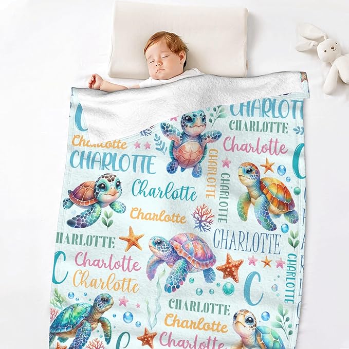 Personalized Custom Baby Blanket with Name - Sea Turtle Swaddle Blanket for Toddlers, Infants, Kids, Newborns - Nursery Stroller Crib Decor Throw - Birthday Gift