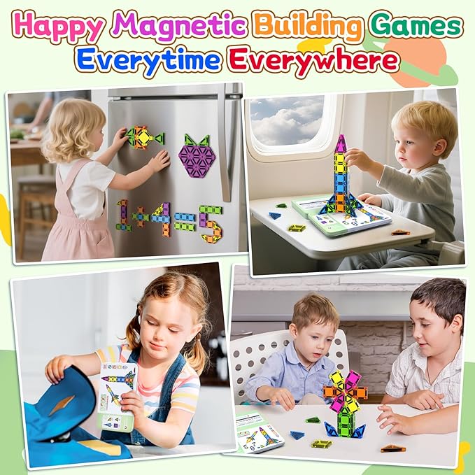 50PCS Mini Magnetic Tiles Travel Toys for Kids Ages 3+, Portable STEM Magnetic Blocks with Storage Tin, Montessori Educational Sensory Toy, Gifts for Boys & Girls, Airplane Car Travel Toys