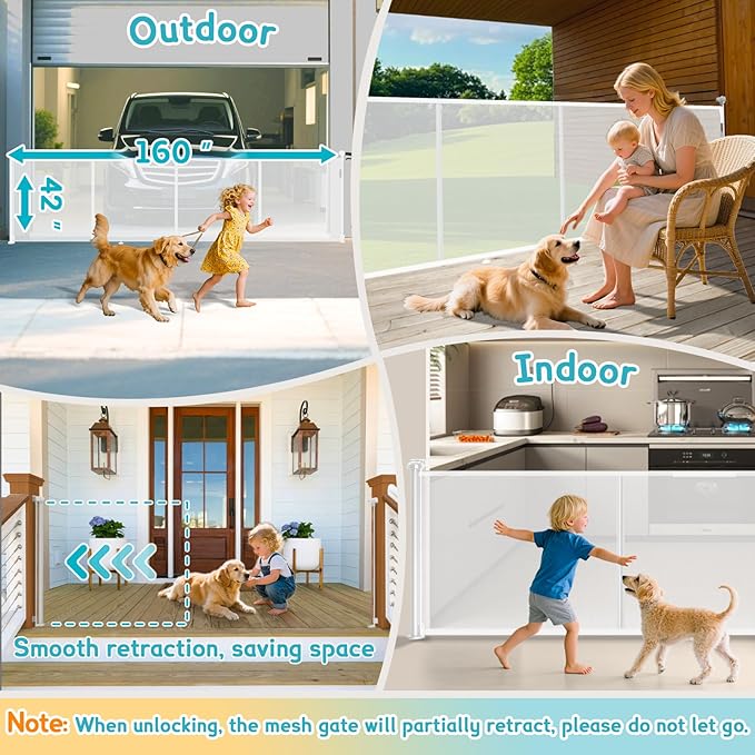 160'' Retractable Baby Gates Extra Wide, 42" Extra Tall Retractable Dog Gate for Doorways,13 Foot Safety Upgrade Extra Long White Retractable Baby Gate for Stairs, Indoor/Outdoor Retractable Gate