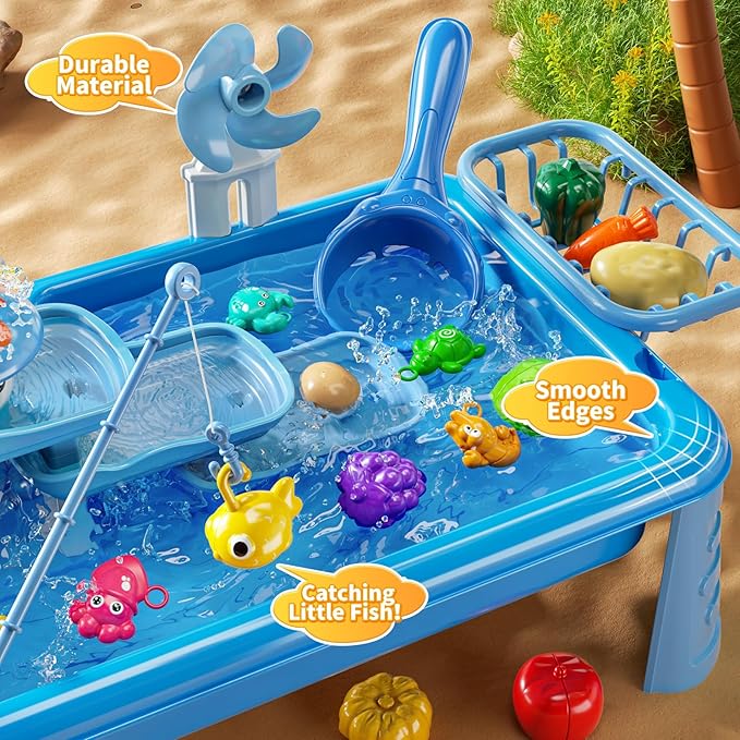Water Table Play Sink Toy for Kids 2 3 4 5 6 Years Old - Outdoor Kitchen with Running Water, Fishing Games, Toddler Water Play Table for Kids Ages 3-8, Beach Outdoor Toys, Summer Gifts(Blue)