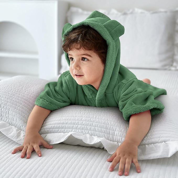 VOOVA & MOVAS Baby Hooded Towel with Bear Ear, 0-3Years | 100% Cotton, Ultra-Soft & Absorbent | Gentle for Sensitive Skin, Bath, Pool & Beach Poncho Towel | Newborn (Green)