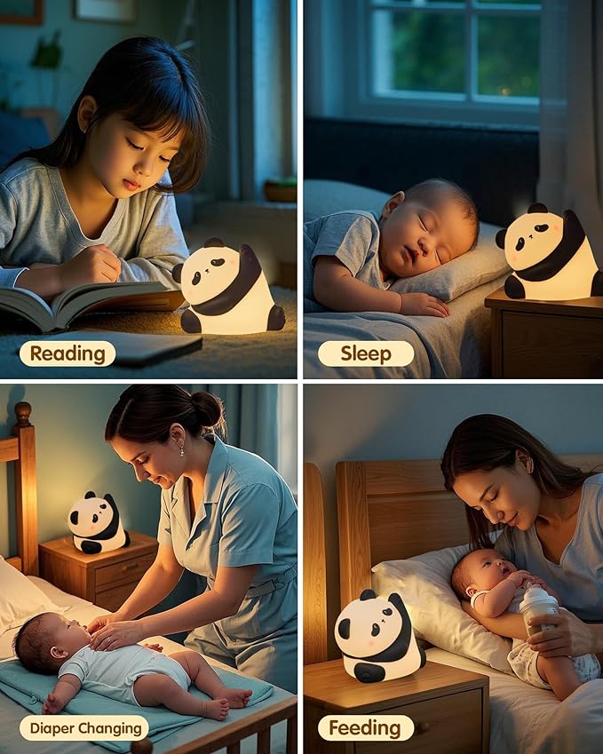 Panda Night Light, Rechargeable 3 Level Dimmable LED Squishy Nursery Nightlight, Food Grade Silicone Animal Night Lamps Cute Bedside Touch Lamp for Breastfeeding Toddler Baby Kids Gifts Decor