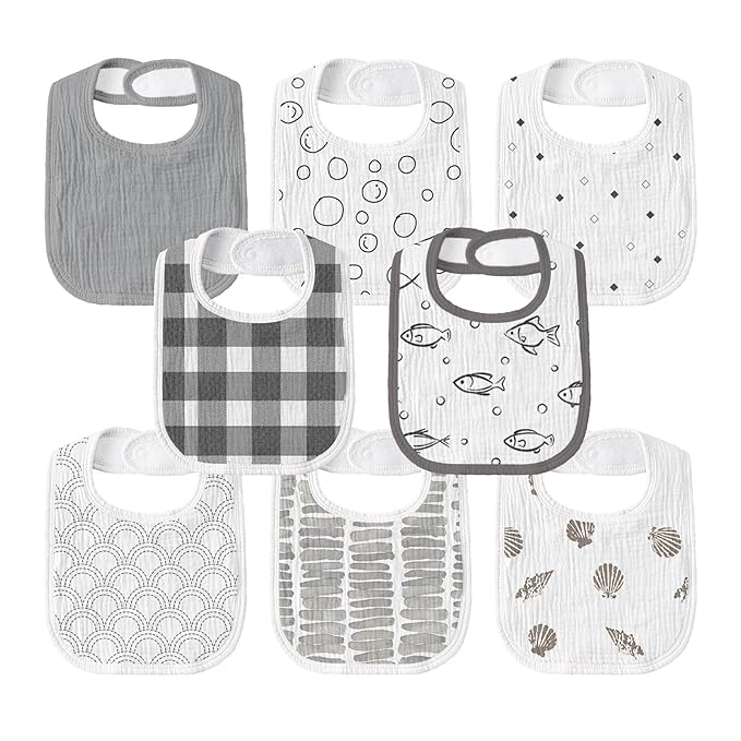 GLLQUEN BABY Muslin Drool Bibs for Boys Girls 8 Pack, Adjustable Baby Bibs for Drooling and Teething, Soft Cotton Baby Bandana Bib for Newborn Feeding Essentials (Fish)