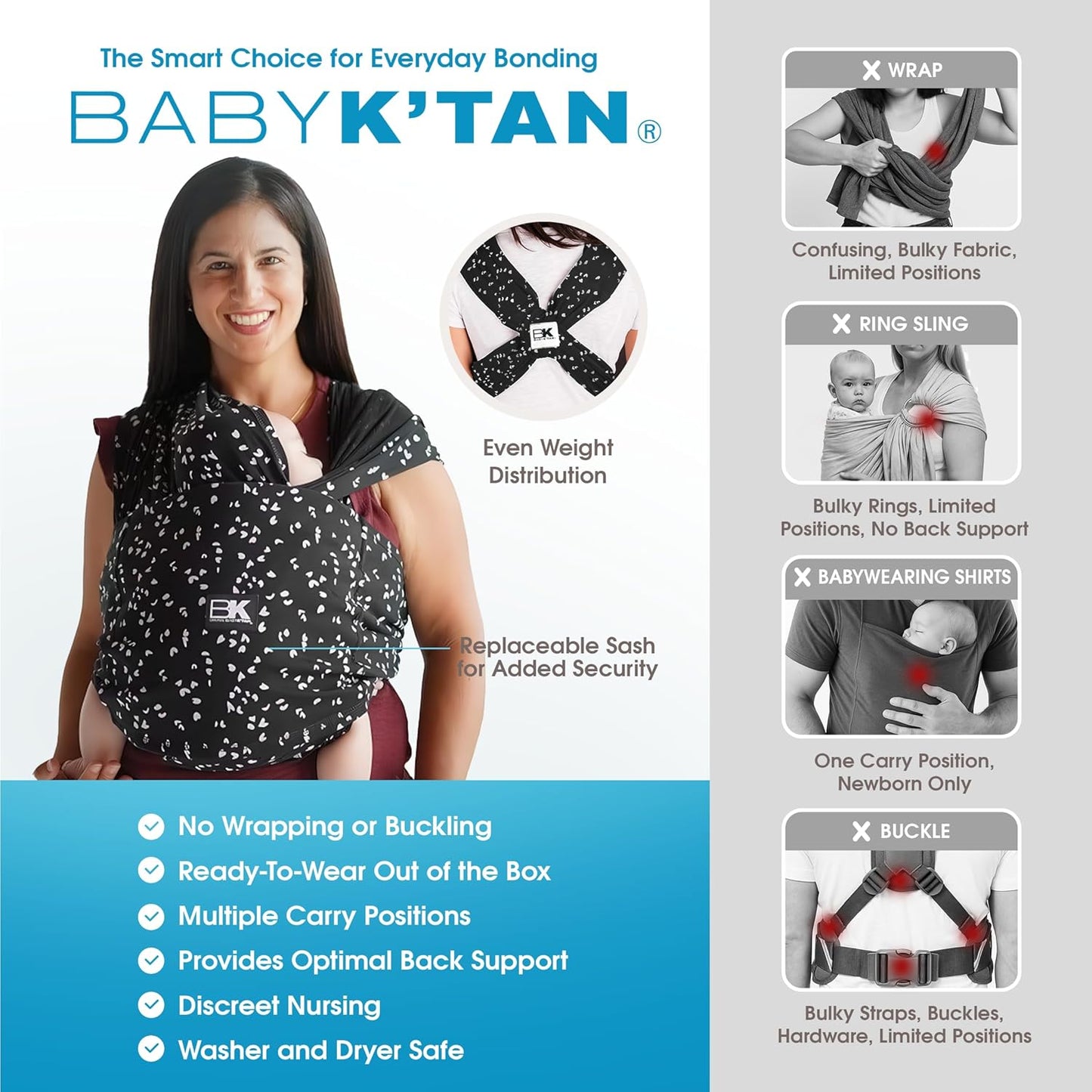 Small-Petite Original Baby K'tan Baby Carrier: #1 Easy Pre-Wrapped, Soft, Slip-On, No Rings, No Buckles | 5 in 1 Baby Sling Gift | Infant Wrap for Newborn to Toddler up to 35lb Women 2-4, Men up to 36