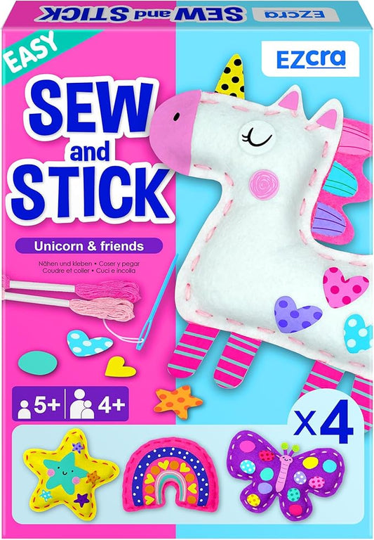 EZCRA Easy Arts and Crafts for Kids - No Mess Sewing Kit for Kids - 4 Easy to Do Unicorn Sewing Projects - Fun Felt Stickers - Tools with Instruction - Gifts for Girls Age 4,5,6,7,8