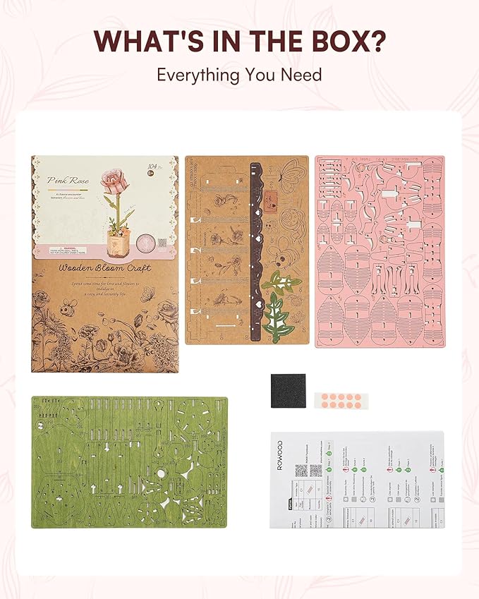 3D Flower Wooden Puzzles for Adults-Pink Rose, DIY Wooden Flowers Model Kit Building Set Crafts for Adults to Build, Botanical Collection/Ideal Creative Gift Ideas/Housewarming (104PCS)