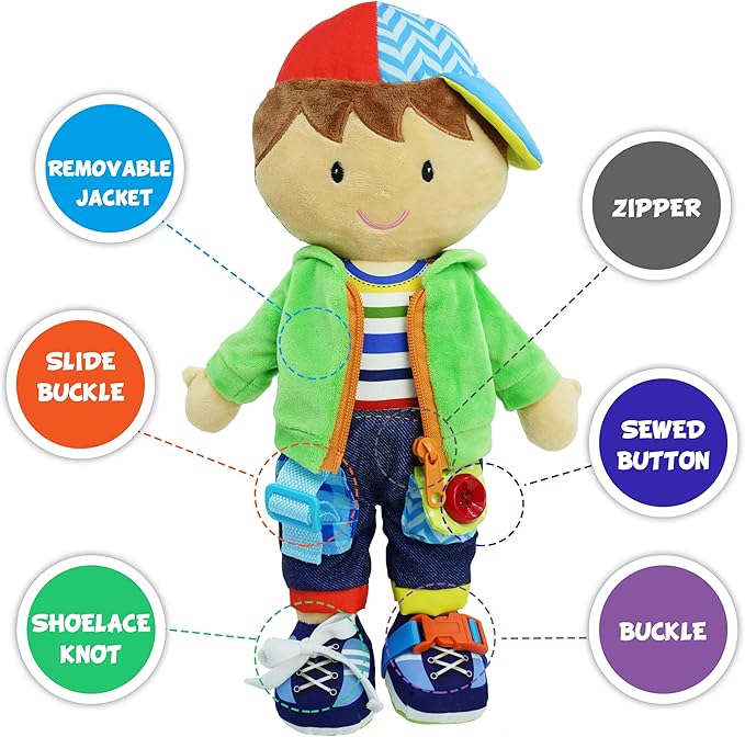 June Garden 15.5" Dressy Friends Terry - Educational Stuffed Plush Doll for Kids and Toddlers 2 Years and Up - Montessori Buckle Soft Toy