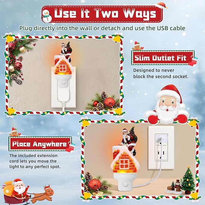 Christmas Night Light Plug into Wall Swirling Glitter USB Portable Christmas Decorative Night Light Decoration for Kids Adults Bedroom Kitchen Living Room Holiday Decor (Santa Claus)