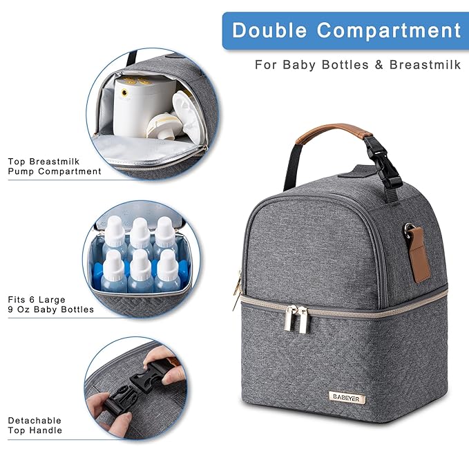 Breastmilk Cooler Bag with Ice Pack Fits 6 Baby Bottles up to 9 Ounce, Breast Milk Pump Cooler Bag with Shoulder Strap for Nursing Mom Daycare, Work, Travel- Dark Grey