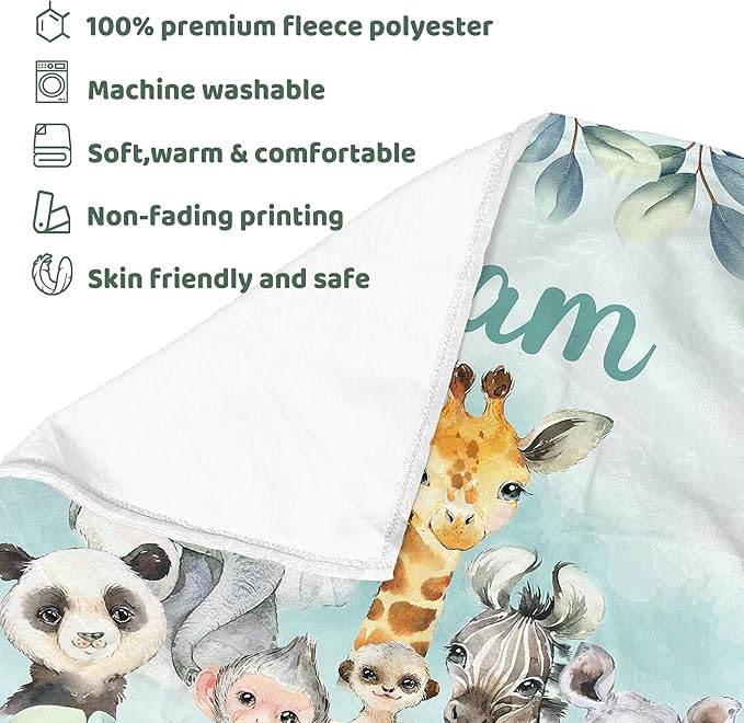 J&SBGFT Personalized Baby Blanket for Boys,Custom Baby Blanket with Name, Customized Name Blanket Receiving Blankets for Toddlers Kids Nursery Stroller Crib Decor Throw,Safari Animal Forest