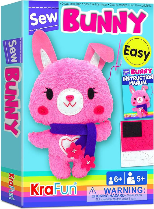 KRAFUN Sewing Kit for Kids Beginner My First Art & Craft, Includes Bunny Doll Stuffed Animal, Instructions & Plush Felt Materials for Learn to Sew, Embroidery, Age 7 8 9 10 11 12