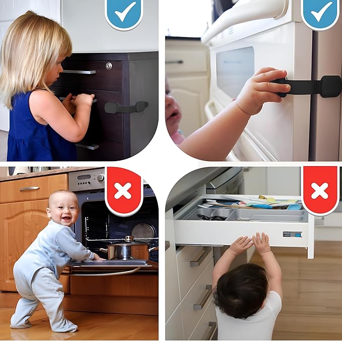 3M Adhesive Child Safety Strap Locks by Baby Proof Me, Baby Latches for Cabinets, Dishwashers, Fridges, Ovens and Trash Cans, Stain Free Toilet Lock (6 Safety Latches)
