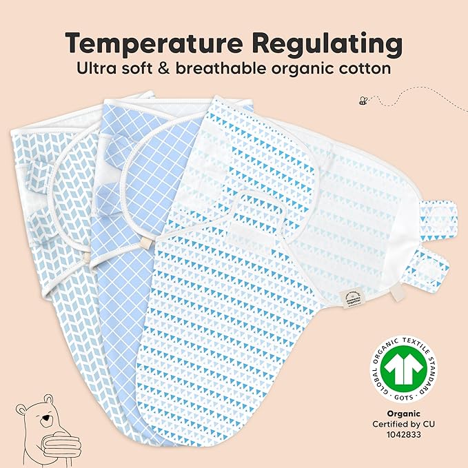 KeaBabies 3-Pack Organic Baby Swaddle Sleep Sacks - Swaddles for Newborns, Infant 0-3 Months, Baby Girls, Boys, Soft & Snug Newborn Sleep Sack, Nursery Swaddling Blankets (Storm)