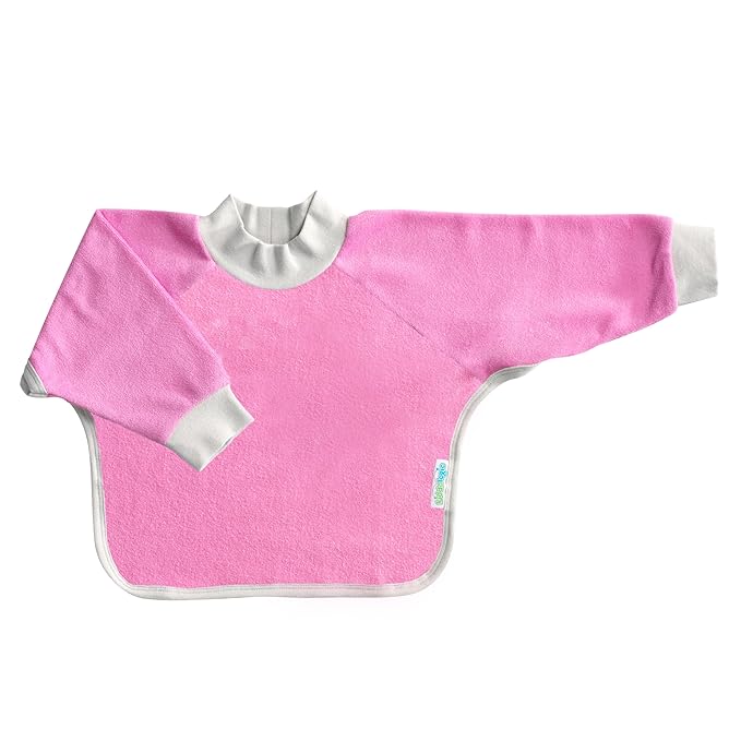 Kiddologic Bibit-all Baby Feeding Bib, Long Sleeves with Ribbed Cuffs and High Collar, Stretchy Pullover Smock, Soft Absorbent Terry, Waterproof Lining, Toddler Girl 12-36 Months, Wild Orchid (Pink)