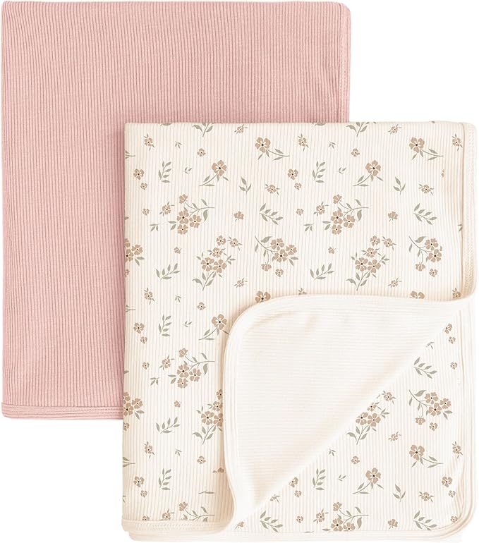 Konssy Knit Baby Blanket 2 Pack, Soft Ribbed Swaddle Receiving Blankets for Boys & Girls, Lightweight Cozy Swaddling Wrap for Newborns, Infants, & Toddlers, 33x42 Inch (Blossom,Pink)
