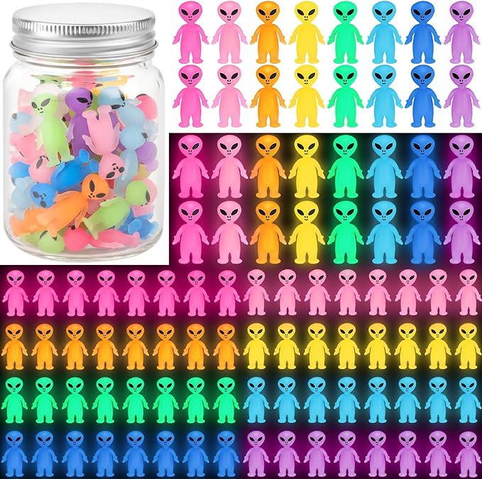 80 Pcs Colorful Mini Alien Figures Glow in The Dark Small Little Tiny Aliens Figurine to Hide and Seek for Space Party Favors Prank Gifts Halloween Party Goodie Bag Fillers, 8 Colors