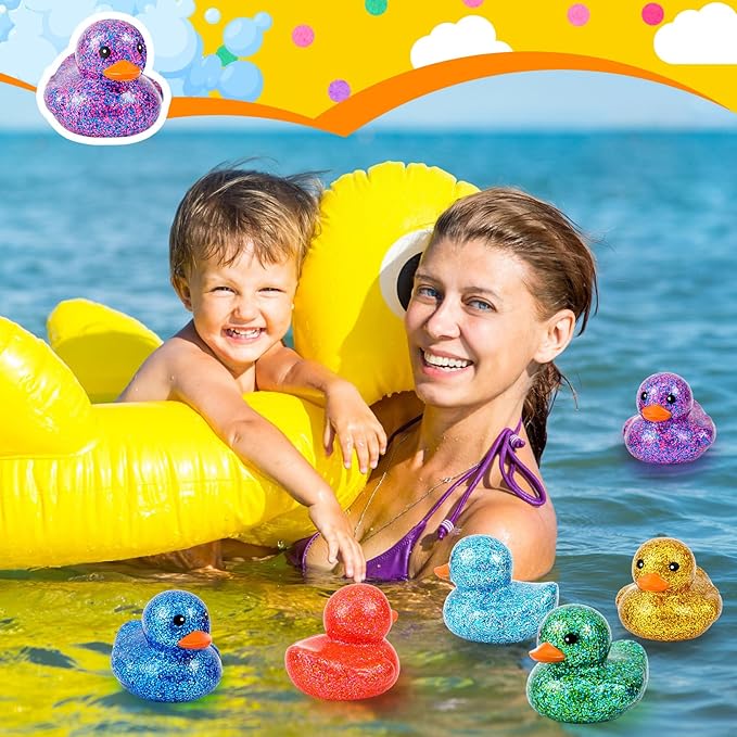Deekin 6 Pcs 3.54 Inch Glitter Rubber Duck Assortment Toy Duckies Bulk Squeak Rubber Duckies for Kid Baby Bath Shower Pool Classroom Summer Beach Activity