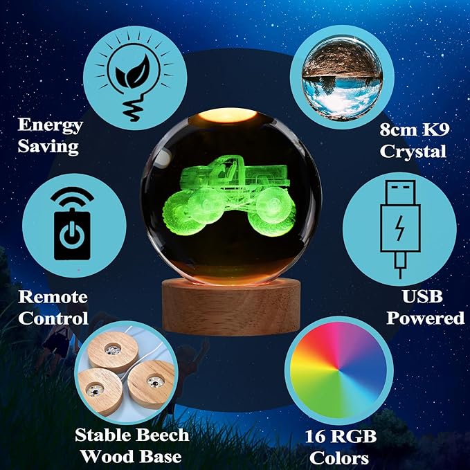 Monster Truck Night Light, Monster Truck Gifts, 3D Crystal Ball Night Light with Remote Upgraded 3.15 Inch Lamps with 16 Color for Birthday Xmas Cool Figurines Gifts for Room Decor Boys Girls
