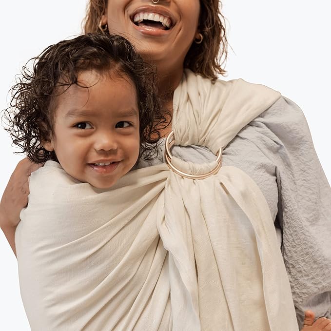 WildBird Ring Sling Baby Carrier for New Moms & Dads & Caregivers - Made from 100% Belgium Linen - for Newborns to Toddlers Up to 35 lbs - Long 90" Size (Sparrow Fabric/Bronze Ring)