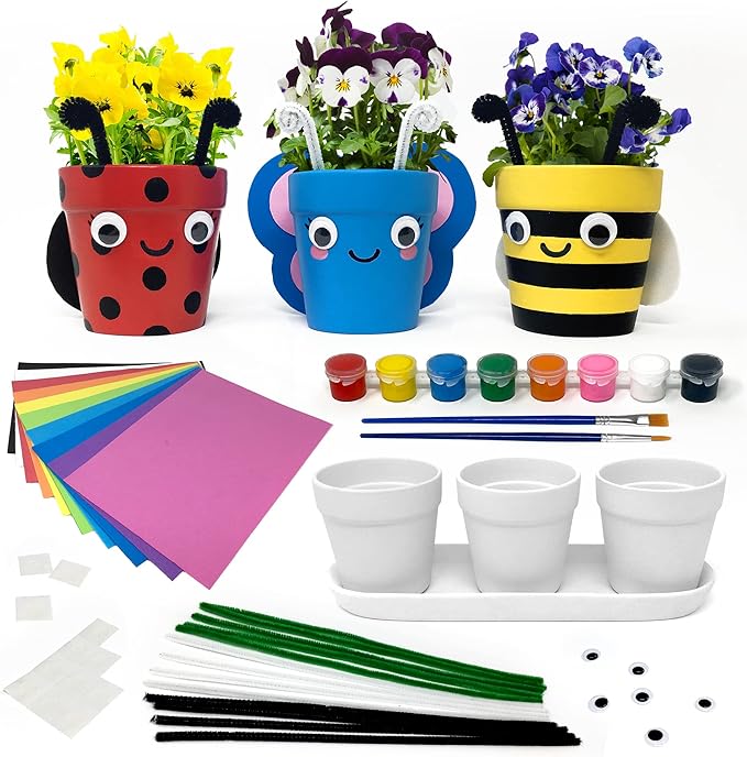 Pinwheel Crafts Flower Pot Painting Kit – DIY Flower Pots to Paint for Kids with 8 Paints, 2 Brushes, 3 Pots & 6 Googly Eyes, Gardening Kit for Kids Ages 8-12+, Kid Planting Crafts Set Birthday Gift