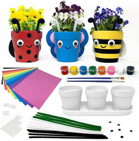 Pinwheel Crafts Flower Pot Painting Kit – DIY Flower Pots to Paint for Kids with 8 Paints, 2 Brushes, 3 Pots & 6 Googly Eyes, Gardening Kit for Kids Ages 8-12+, Kid Planting Crafts Set Birthday Gift