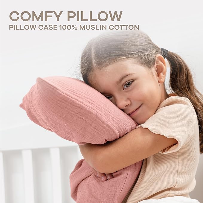 Comfy Cubs Toddler Pillow with Muslin Pillowcase, 13 x 18 in, 2 Pack - Travel and Sleep Support for Kids - Lightweight, Breathable Microfiber Fill - Soft and Cozy Small Pillow for Toddlers - Blush