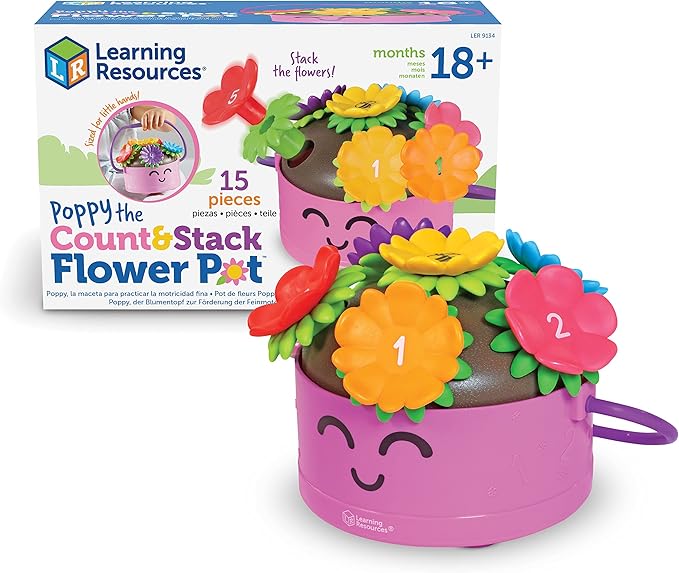 Learning Resources Poppy The Count & Stack Flower Pot - 15 Pieces, Fine Motor Skills Toys for Toddlers, Preschool Toys, Ages 18+ Months,Easter Basket Stuffers