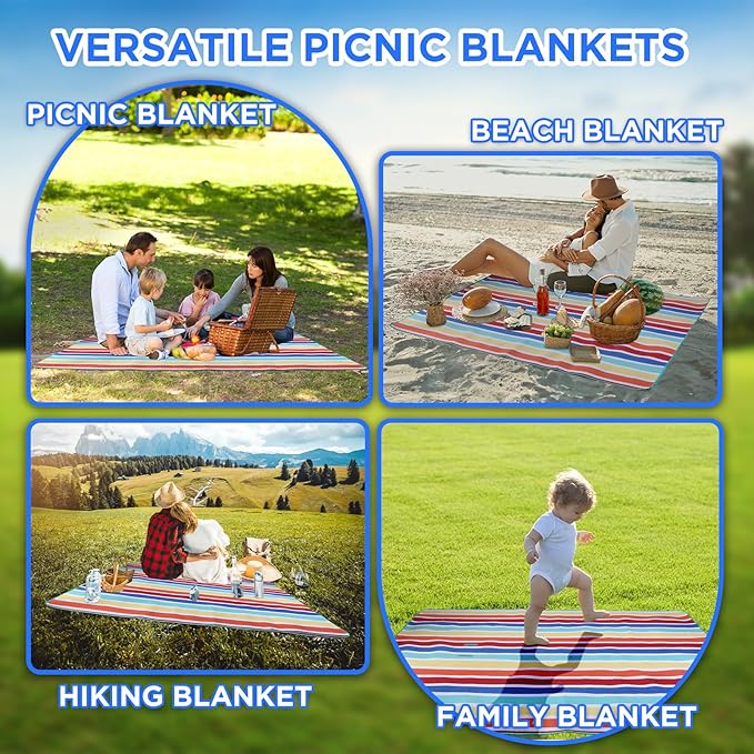 scuddles Extra Large Picnic Blanket – 79" x 59" Waterproof Outdoor Mat with 3-Layer Comfort Design, Easy Fold & Carry Strap for Beach, Camping, Hiking, Park & Family Fun