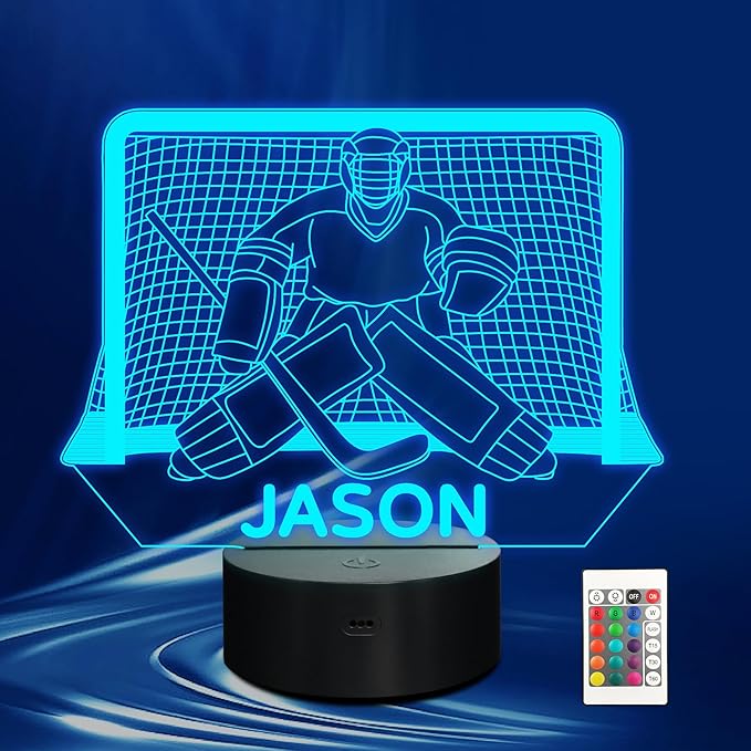 Customized Ice Hockey Night Light, 3D LED Optical Illusion Lamp with Remote Control and Timer, Perfect Christmas and Birthday Gift Idea for Boys, Kids, and Teen