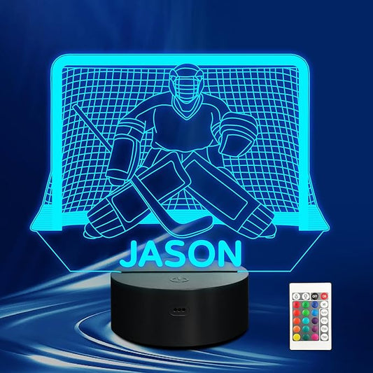 Customized Ice Hockey Night Light, 3D LED Optical Illusion Lamp with Remote Control and Timer, Perfect Christmas and Birthday Gift Idea for Boys, Kids, and Teen