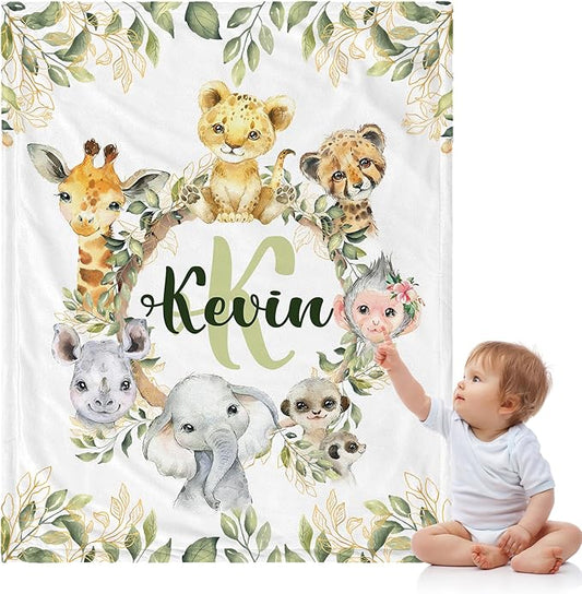 J&SBGFT Personalized Safari Animal Wood Baby Blanket, Custom Name, 30"x40", Brown, Green, Flannel, Unisex, Modern, Multi-Purpose, Customizable, Baby/Home