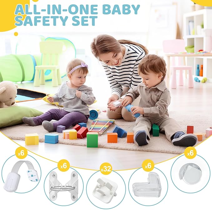 4our Kiddies 56 Pack Baby Proofing Kit, 6 Child Proof Cabinet Locks, 32 Outlet Covers, 6 Anti-Tip Furniture Anchors and 12 Corner Protectors, Child Safety Essentials to Protect Kids at Home