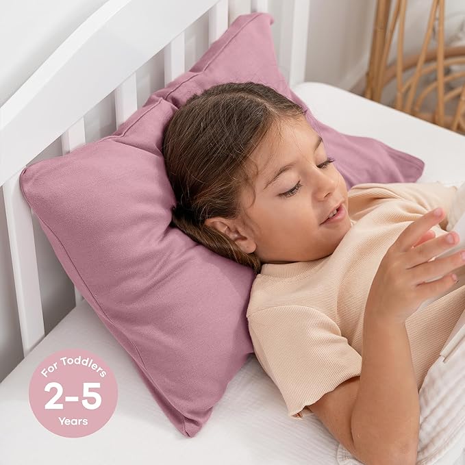 Comfy Cubs Toddler Pillow with Cotton Pillowcase, 13 x 18 in - Travel and Sleep Support for Kids - Lightweight, Breathable Microfiber Fill - Soft and Cozy Small Pillow for Toddlers - Mauve