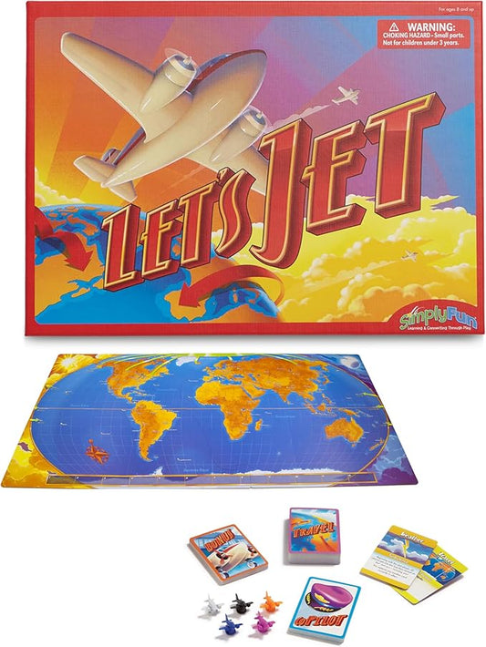 SimplyFun Let’s Jet World Geography Game - Educational Board Game for Kids Ages 8+ - World Travel Game with Map, Cards, and Jet Pawns