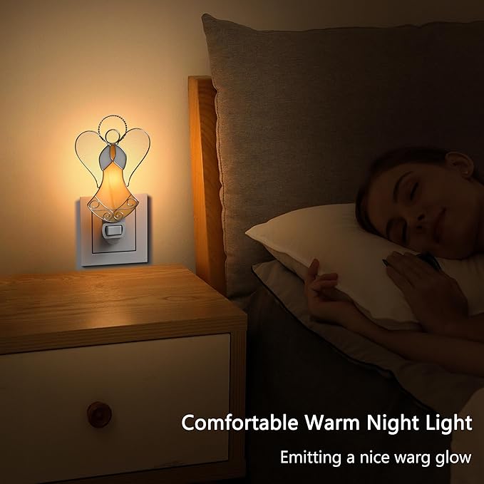 Night Lights Plug into Wall,Stained Glass Yellow Angel Plug in Night Light for Wall Socket Decorative Nightlight for Bedroom Hallway Kitchen Home for Mom Mother`s Day Birthday Christmas Gifts