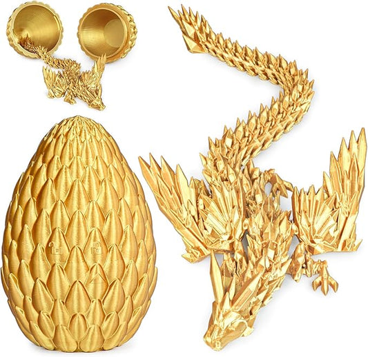 3D Printed Dragon Eggs with Articulated Fly Dragon Inside, Collectible Figurines Fidget Toy for Adults Kids Birthday Easter Christmas White Elephant Gifts for Friends Colleagues(Gold, M size)