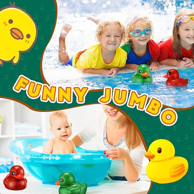 Honoson 2 Pcs 6.89 Inch Giant Glitter Rubber Ducks Big Sparkly Rubber Ducks Jumbo Bathtub Toys with Squeaky Sound for Baby Shower Pool Activity Birthday Gift(Glitter,Red, Green)