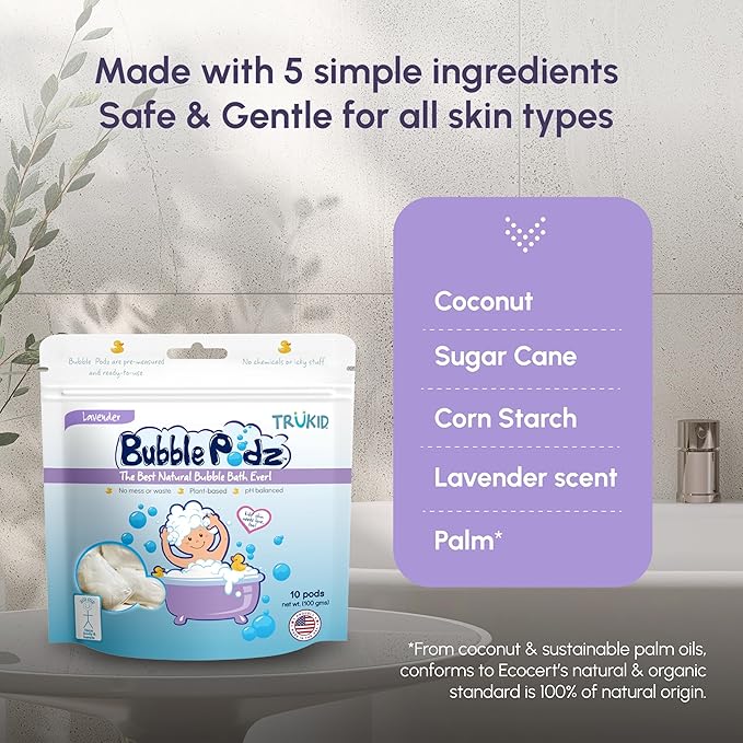 TruKid Lavender Bubble Podz with Baby Skin Cream – Calming Bath and Moisture Bundle for Kids and Toddlers