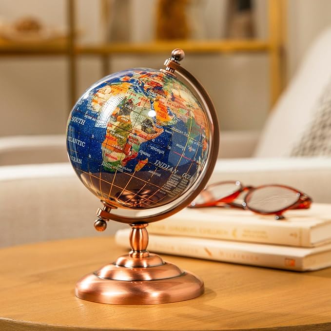 KALIFANO 7” Tall Gemstone Globe with Vibrant Polished Lapis Ocean and Mosaic Crystal Continents - World Globe with Metal Stand for Office & Home Décor