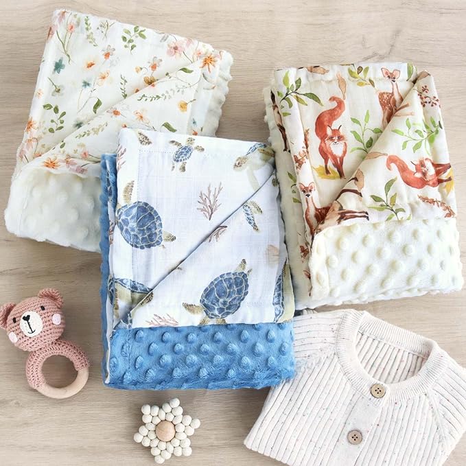 LifeTree Baby Blankets for Boys Girls, Soft Double Layer Swaddle Blankets, Muslin Front and Dotted Fleece Backing Receiving Bed Throw Blanket for Newborn Unisex, 31X40 Inches, Seaturtle