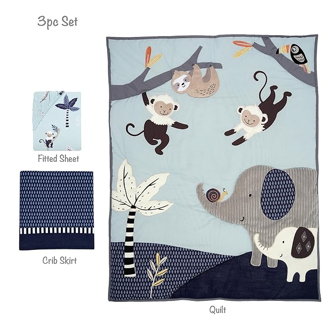 Lambs & Ivy Jungle Party 3-Piece Elephant/Monkey Baby Crib Bedding Set