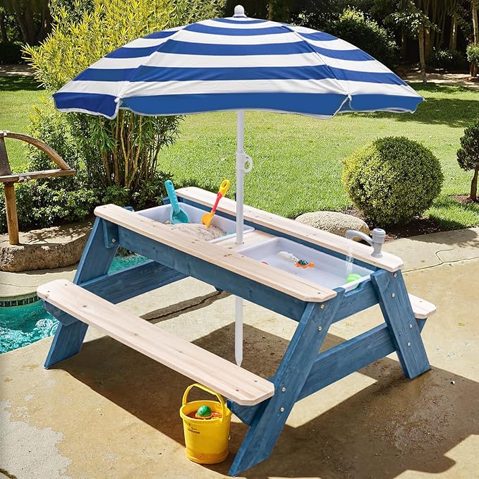 Kids 3-in-1 Sand & Water Activity Table, Wood Outdoor Convertible Picnic Table, 2 Play Boxes, Removable Top with Faucet, Picnic Table for Outdoor Backyard Patio Play (Blue/Navy)