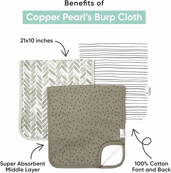 Copper Pearl Premium Baby Burp Cloths - 3-Pack Large Cotton Burp Cloths, Extra Soft Spit Up Rags with 3 Absorbent Layers, Perfect for Baby Boy and Baby Girl Gifts (21" x 10" Size, Karver Set)