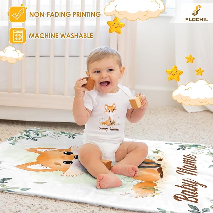 Personalized Baby Blankets, Custom Baby Blanket - Baby Blanket with Name for Boys, Best Gift for Baby, Newborn Elephants Flush Fleece (30x40) (Fox)