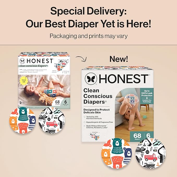 The Honest Company Clean Conscious Diapers for Sensitive Skin, Up to 100% Leakproof Hypoallergenic Fragrance-Free Baby Diapers, Gender Neutral Prints, Super Club Box, Size 6 (35+ lbs), 68 Count