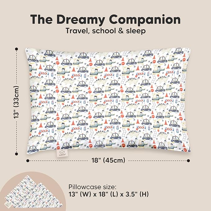 Toddler Pillow with Pillowcase - 13x18 My Little Dreamy Kids Travel Bed Pillows for Sleeping, Organic Cotton Small Pillowcase, Soft & Breathable, Machine Washable, Toddlers 2-5 years old (Dino Patrol)