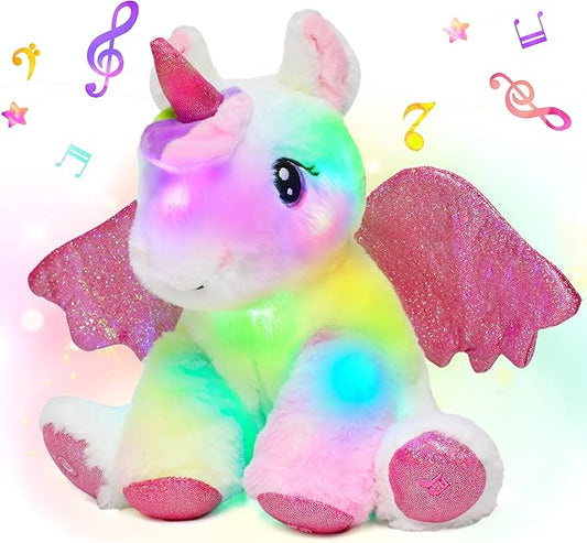 Hopearl LED Musical Stuffed Unicorn Adorable Lighting Up Singing Plush Toy Adjustable Volume Lullaby Animated Soothe Birthday Festival for Kids Toddler Girls, White, 11''